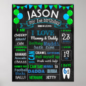 風船の最初の誕生日の黒板は緑の青 ポスター (正面)