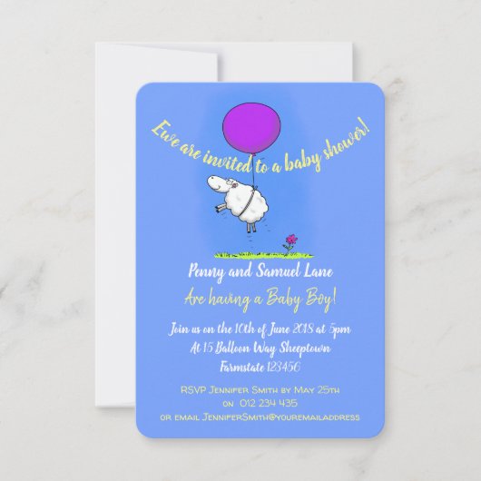 風船の漫画の赤ちゃんシャワーと可愛い羊 招待状 (正面)