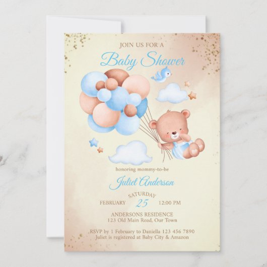 風船の赤ちゃんシャワー付きテディベア 招待状 (正面)