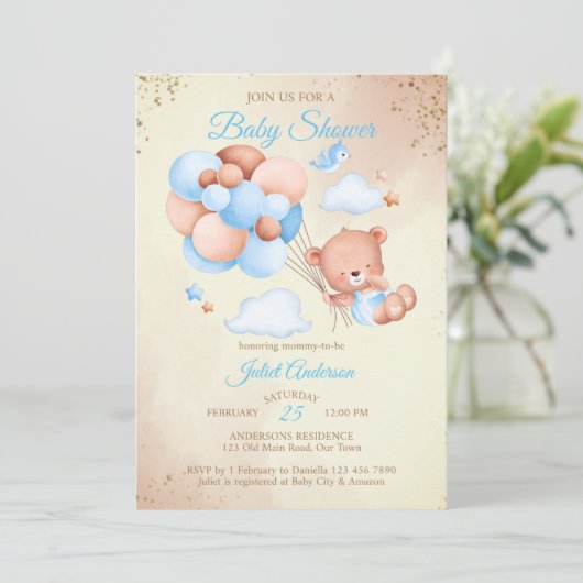 風船の赤ちゃんシャワー付きテディベア 招待状 (スタンド正面)