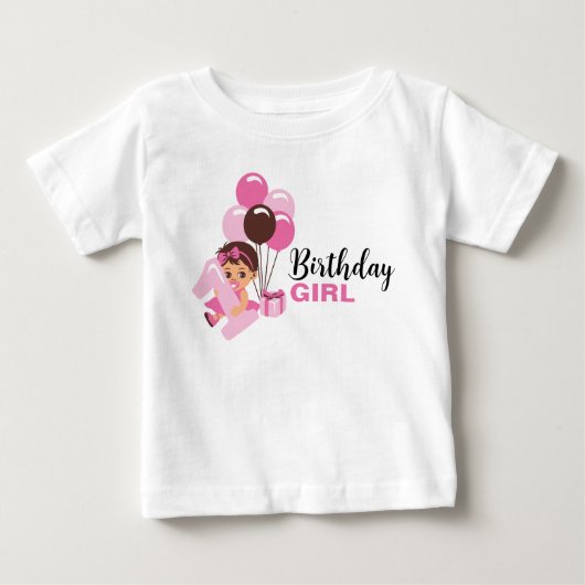 風船の1歳誕生日女の子Tシャツ ベビーTシャツ (正面)