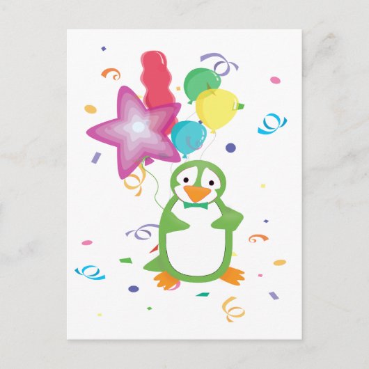 風船はがき付き緑の誕生日ペンギン ポストカード (正面)