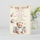 風船やプレゼントと一緒にいるかわいいテディベア 招待状 (スタンド正面)