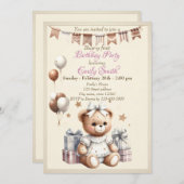 風船やプレゼントと一緒にいるかわいいテディベア 招待状 (正面/裏面)