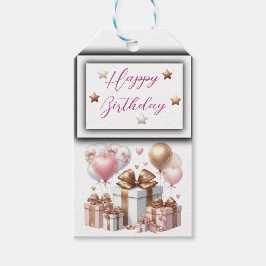 風船や贈り物が入ったかわいいテディベア ギフトタグ (正面)