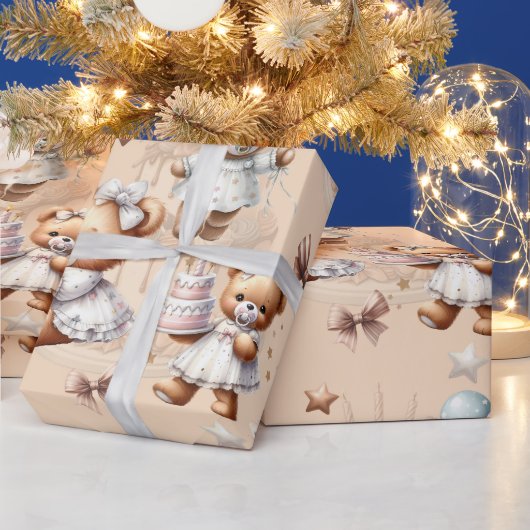 風船や贈り物が入ったかわいいテディベア ラッピングペーパー (クリスマス)
