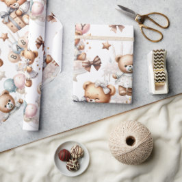 風船や贈り物が入ったかわいいテディベア ラッピングペーパー