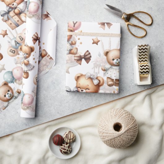 風船や贈り物が入ったかわいいテディベア ラッピングペーパー (クラフト)