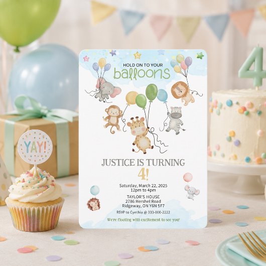 風船をしっかり握って！子供の誕生日招待状 招待状