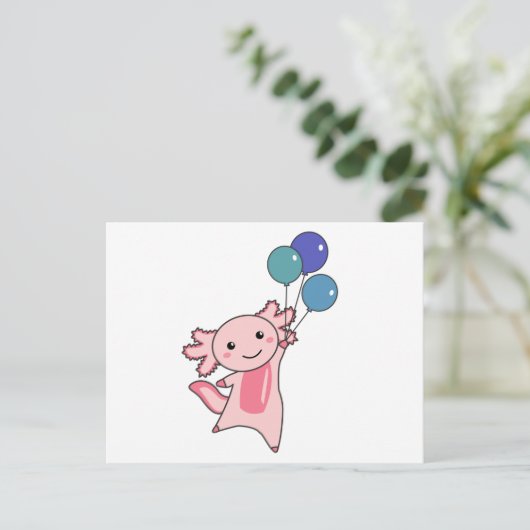 風船を上げたアキソロトル甘い動物 ポストカード (スタンド正面)