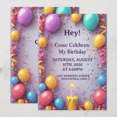 風船を使った誕生日パーティーのお祝い 招待状 (正面/裏面)