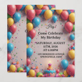風船を使った誕生日パーティーのお祝い 招待状 (正面/裏面)