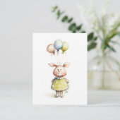 風船を使用した豚の水彩及び鉛筆スケッチ ポストカード (スタンド正面)