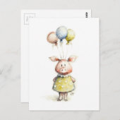 風船を使用した豚の水彩及び鉛筆スケッチ ポストカード (正面/裏面)
