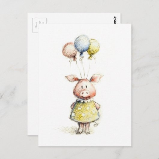 風船を使用した豚の水彩及び鉛筆スケッチ ポストカード (正面/裏面)