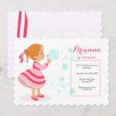 風船を吹く女の子のパーティー招待状 招待状 (正面/裏面)