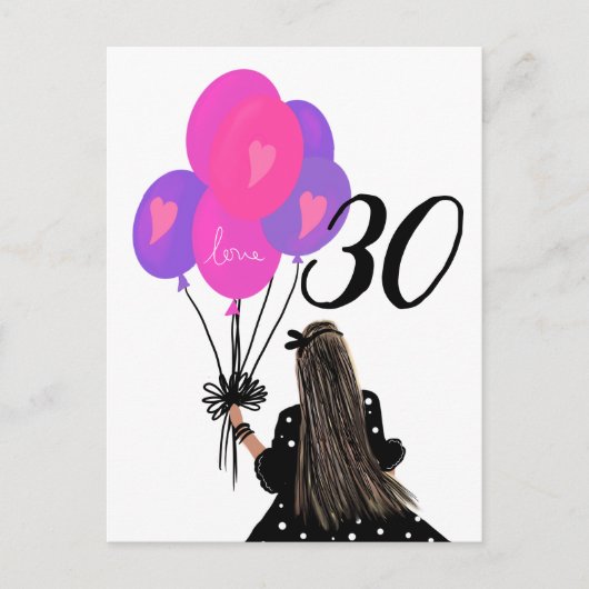 風船を抱えた30歳の誕生日の女の子 ポストカード (正面)