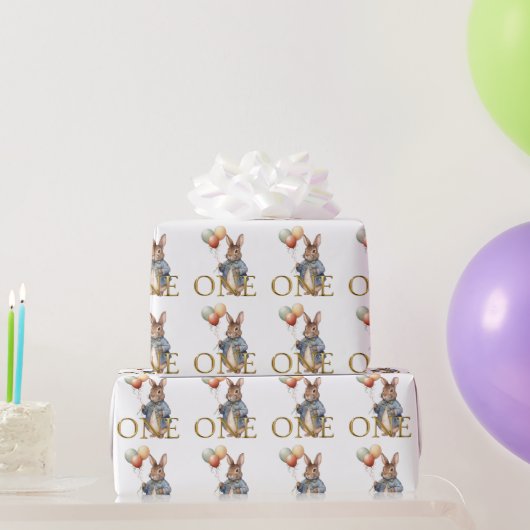 風船を持ったうさぎの1歳の誕生日 ラッピングペーパー (パーティーギフト)