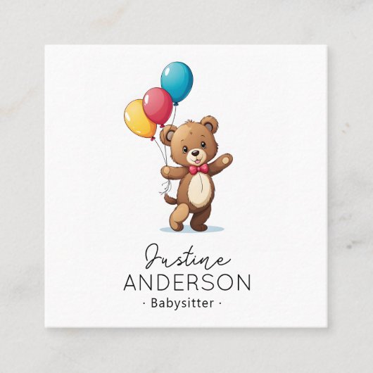 風船を持ったかわいいテディベア子守 スクエア名刺 (正面)