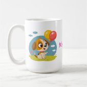 風船を持ったかわいいマンガの子犬 コーヒーマグカップ (左)