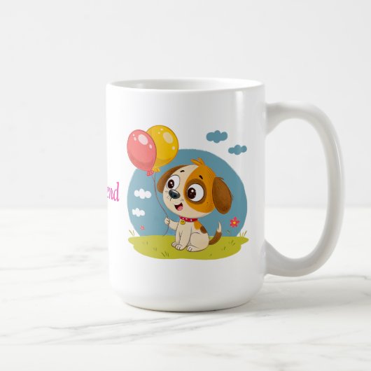風船を持ったかわいいマンガの子犬 コーヒーマグカップ (右)