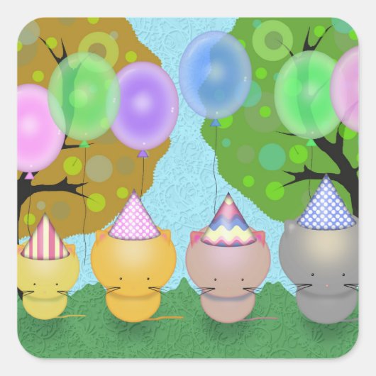 風船を持ったかわいい子猫の誕生日ステッカー スクエアシール (正面)