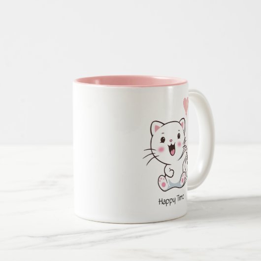 風船を持ったかわいい幸せ猫 ツートーンマグカップ (正面右)