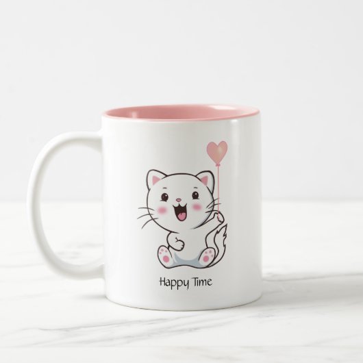 風船を持ったかわいい幸せ猫 ツートーンマグカップ (左)