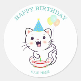 風船を持ったかわいい白猫の誕生日デザイン ラウンドシール