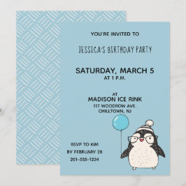 風船を持ったペンギンのパーソナライズされた誕生日パーティー 招待状
