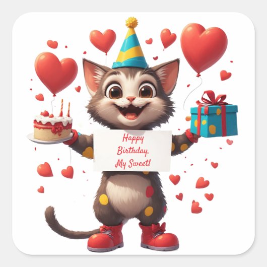 風船を持った幸せな子猫の誕生日🎁 スクエアシール (正面)
