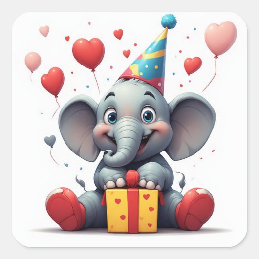 風船を持った幸せな象の誕生日 🐘 スクエアシール (正面)