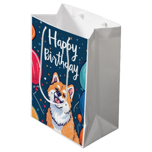 風船を持った秋田犬の誕生日 ミディアムペーパーバッグ (正面アングル)