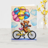 風船を持った自転車のテディベア カード (黄色い花)