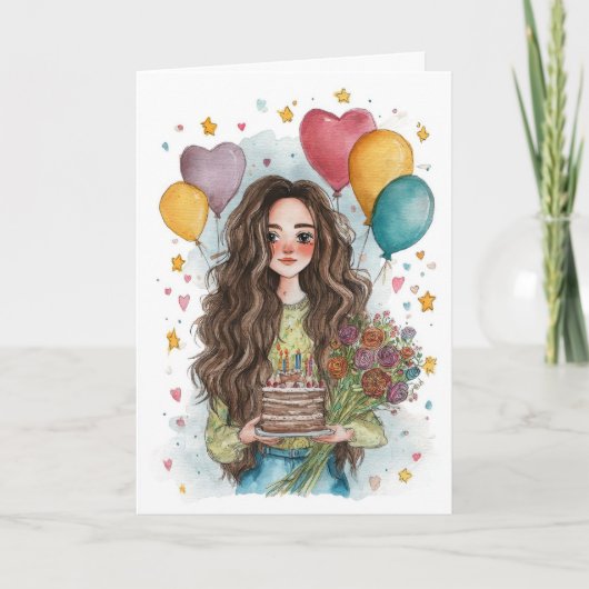風船を持った誕生日の少女 カード (正面)