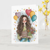 風船を持った誕生日の少女 カード (黄色い花)