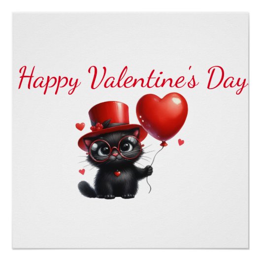 風船を持った黒猫のバレンタインデー ポスター (正面)