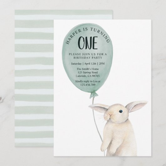 風船を持つかわいいウサギの誕生日 招待状 (正面/裏面)