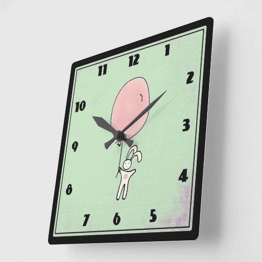 . .風船を持つかわいいバニー スクエア壁時計 (傾斜)