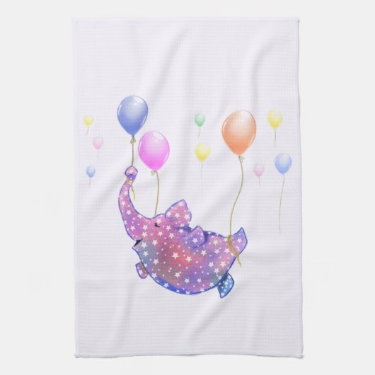 風船を持つかわい飛んでいるい星のカラフル象 キッチンタオル (縦)