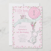 風船を持つウサギちゃん 誕生日パーティー招待状(女の子向け) 招待状 (正面)