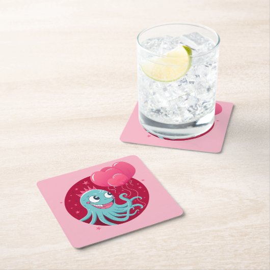 風船を持つタコのかわいいイラストレーション スクエアペーパーコースター (インサイチュ)