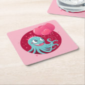 風船を持つタコのかわいいイラストレーション スクエアペーパーコースター (アングル)