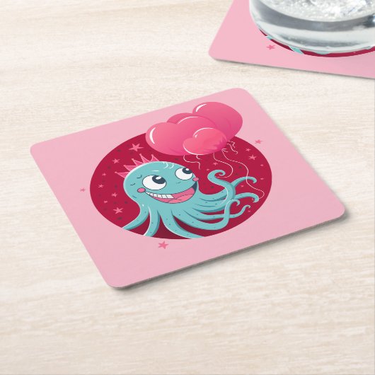 風船を持つタコのかわいいイラストレーション スクエアペーパーコースター (アングル)