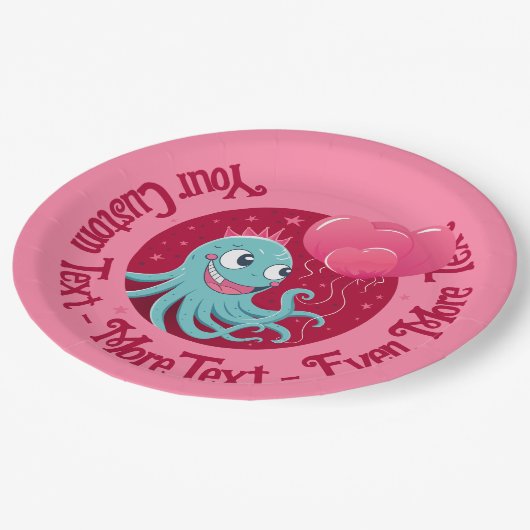 風船を持つタコのかわいいイラストレーション ペーパープレート (アングル)