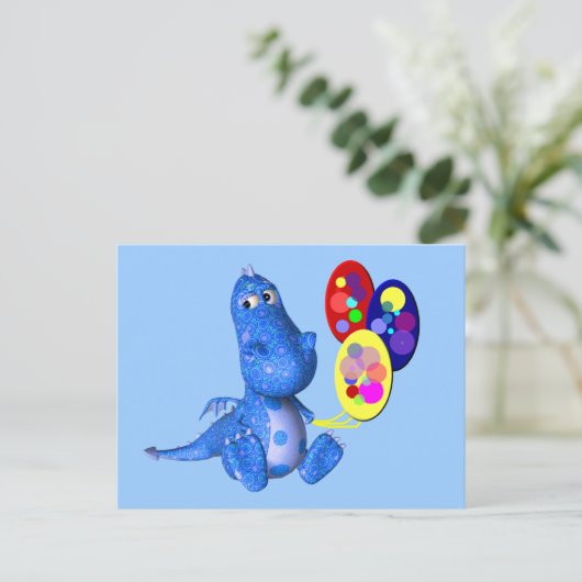 風船を持つブルードラゴンかわいいはがき ポストカード (スタンド正面)