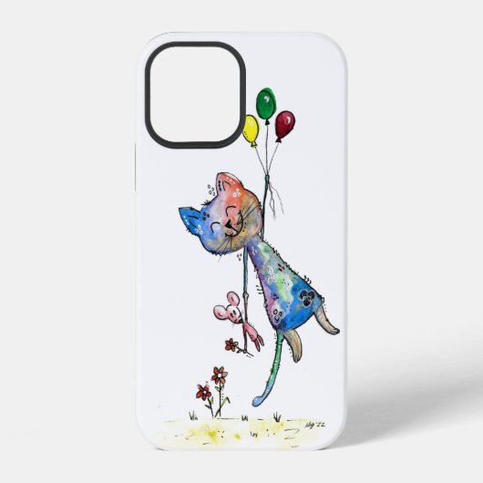風船を持つユーモラスな猫とネズミ iPhoneケース (裏面)