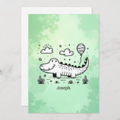 風船を持つ幸せなワニ - かわいいベビーアート 招待状 (正面/裏面)