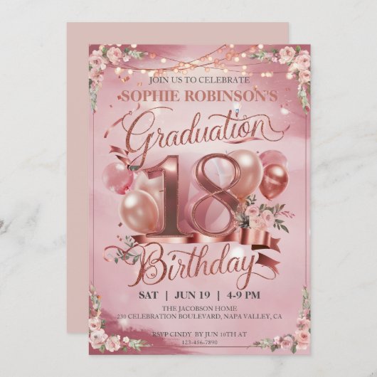 風船カスタマイズ花卒業式18誕生日 招待状 (正面/裏面)