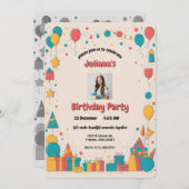 風船カラフルとギフトのパーソナライズされた誕生日 招待状 (正面/裏面)